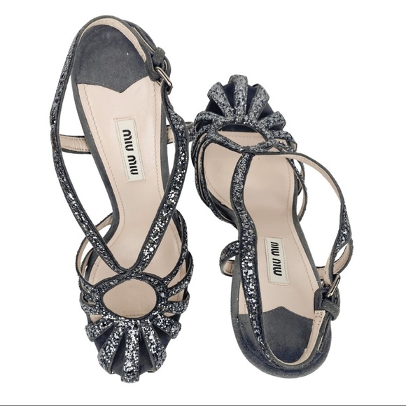 Miu Miu Silver Glitter Strap Sandal Heels / Ardesia / MSRP $956 / Women’s 8.5 - Picture 10 of 16